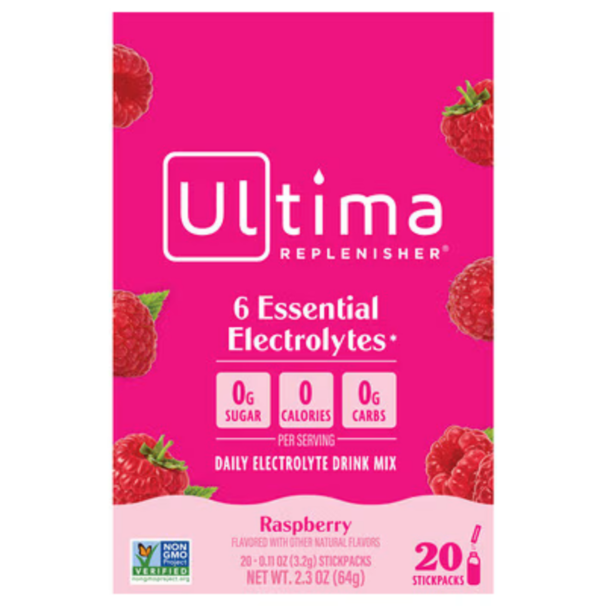 Ultima Replenisher, 6 Essential Electrolytes, Daily Electrolyte Drink Mix, Raspberry, 20 Stickpacks (3.2 g each) - Image 1
